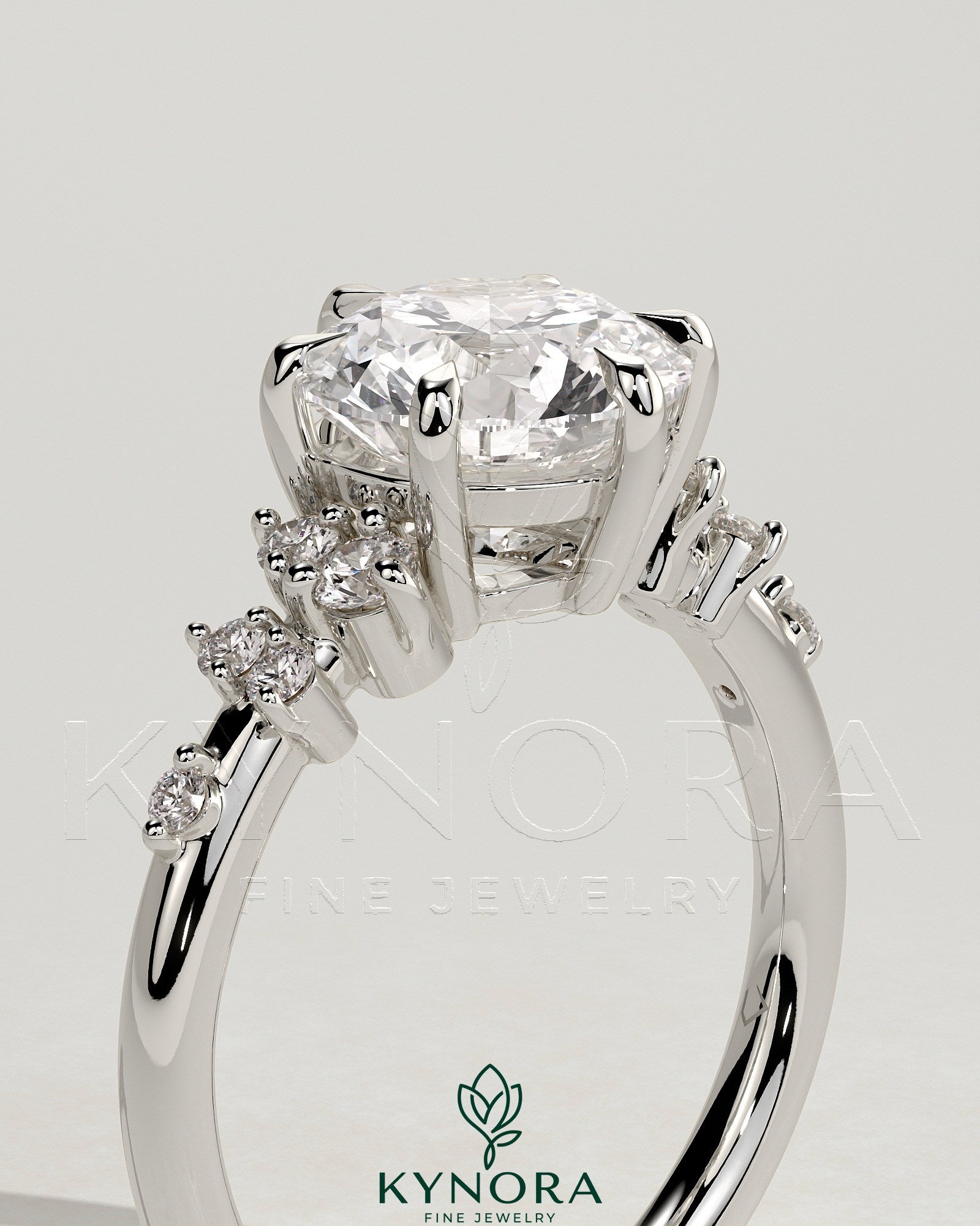 2ct Round Claw Solitaire with Clustered Round Shoulder Stones Engagement Ring Imagen secundaria del producto