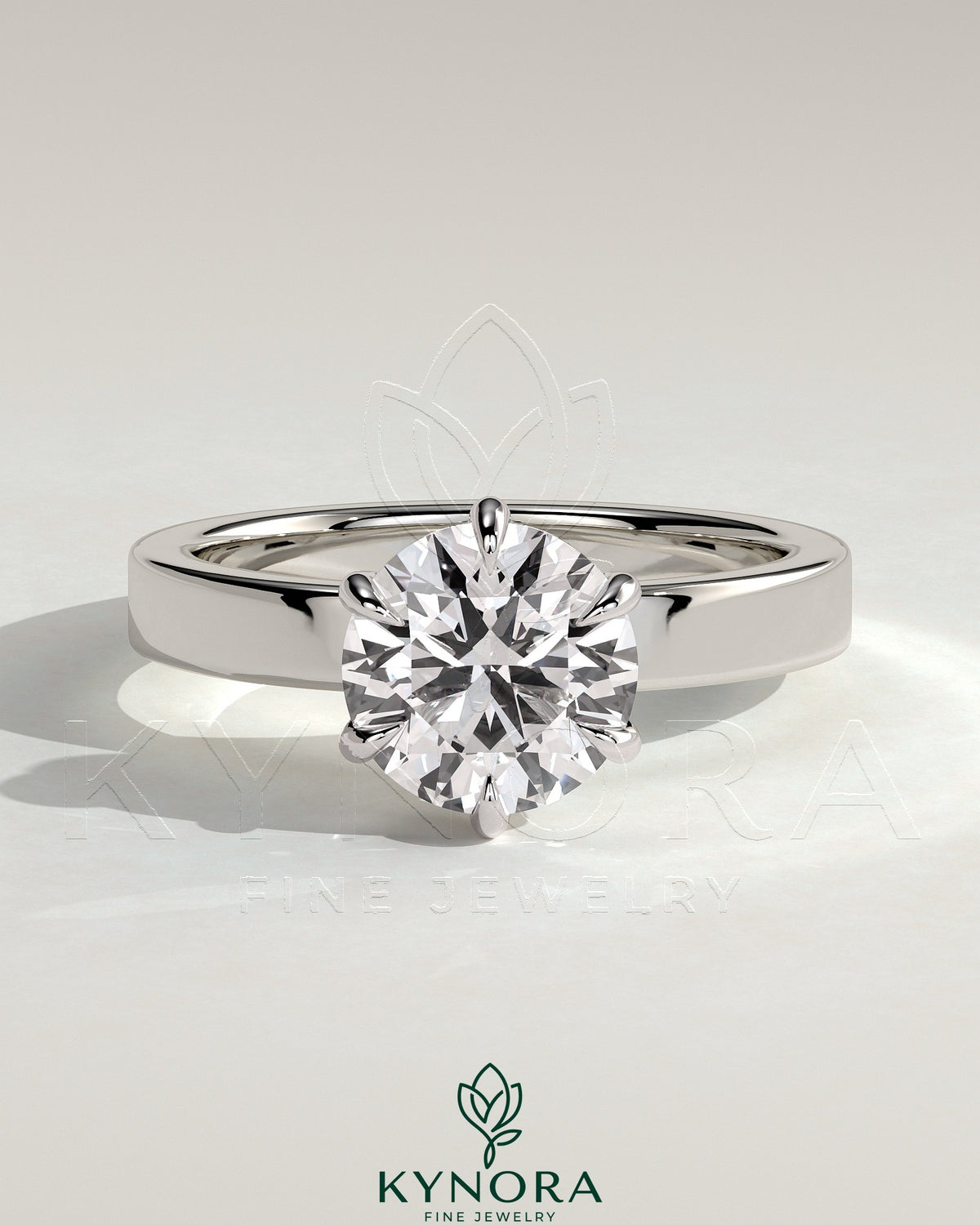 Kynora CJ 2ct round diamond claw solitaire engagement ring with flat cigar band and hidden halo design. Main image