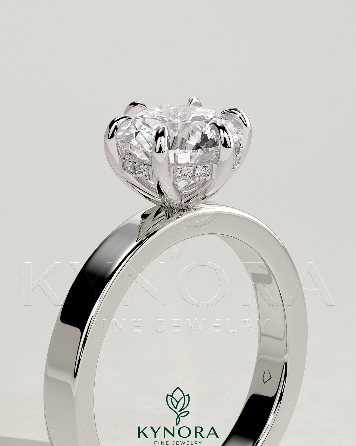 Kynora CJ 2ct round diamond claw solitaire engagement ring with flat cigar band and hidden halo design.