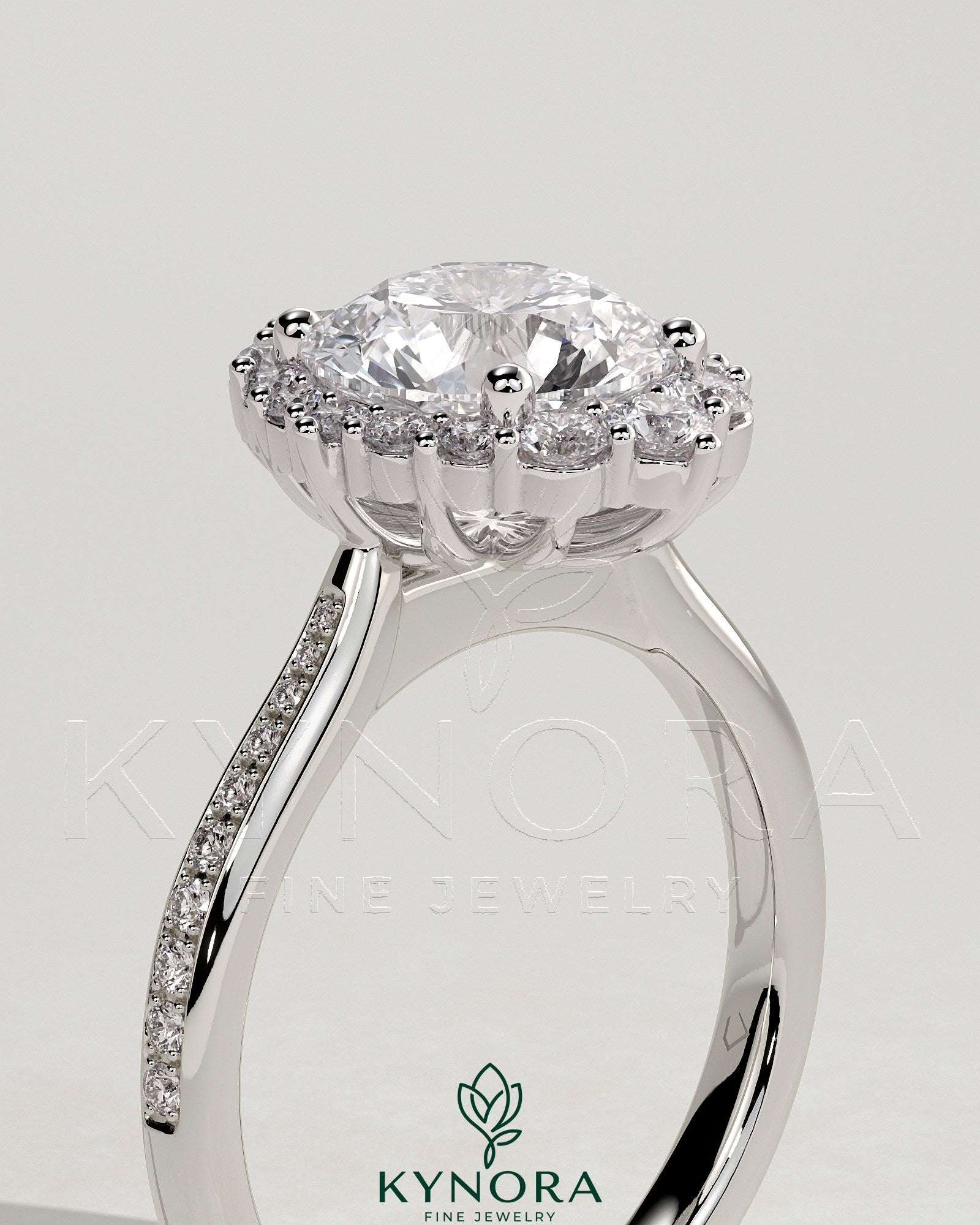 2ct Round Claw Solitaire with Graduating Halo and Bead Set Micropave and Tapered Band Engagement Ring Secondary image