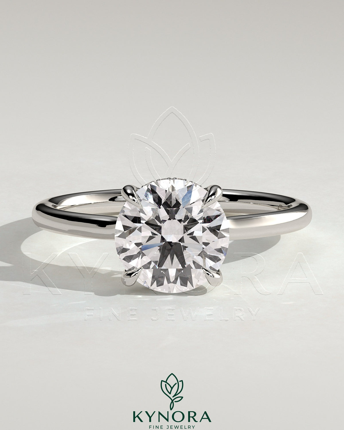Kynora CJ 2ct round diamond solitaire engagement ring with hidden halo and floating cathedral low setting, elegant jewelry. Main image