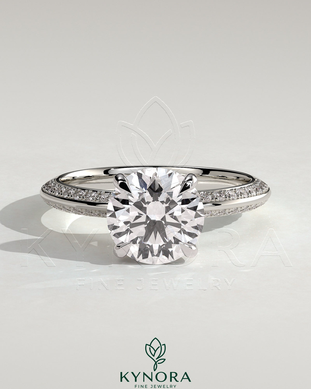 Kynora CJ 2ct round claw solitaire engagement ring with hidden halo and knife edge pave band, elegant diamond ring design
