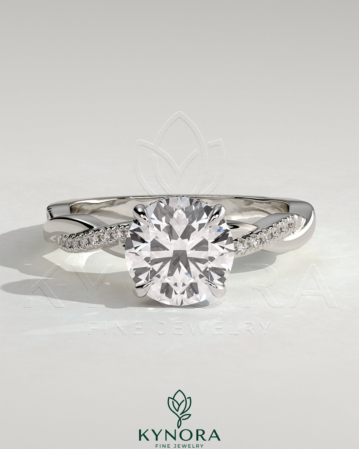 Kynora CJ 2ct round diamond solitaire engagement ring with hidden halo and twisted pave band, showcasing elegant craftsmanship.