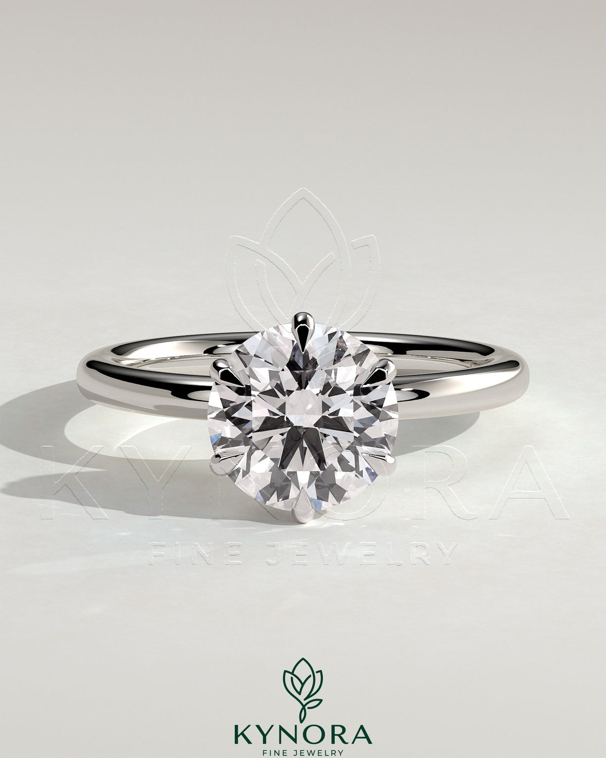 Kynora CJ 2-carat round claw solitaire engagement ring with hidden halo, showcasing sparkling diamond and elegant design.