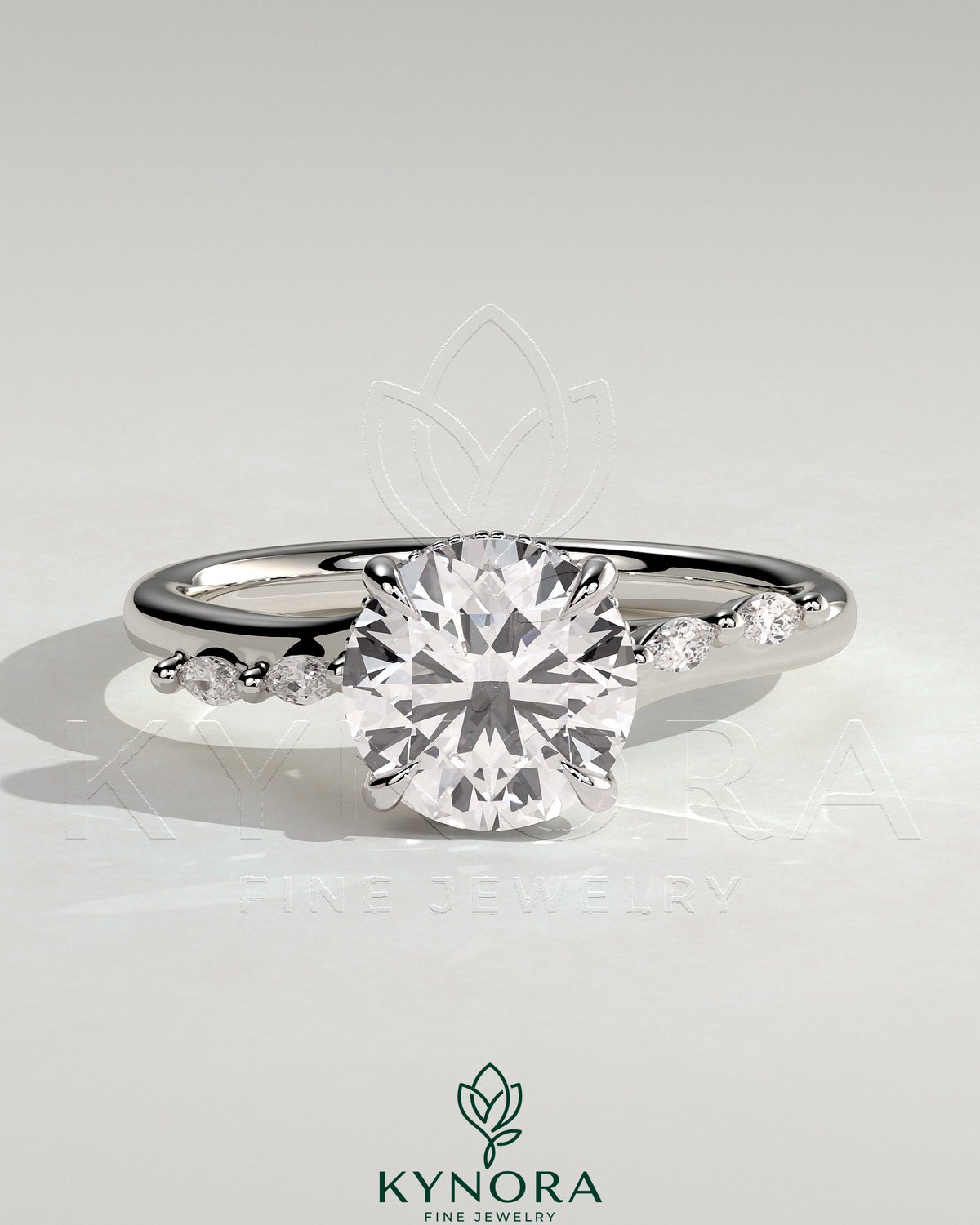 Kynora CJ 2ct round claw solitaire engagement ring with hidden halo, marquise accents, cathedral high setting, jewelry image Main image