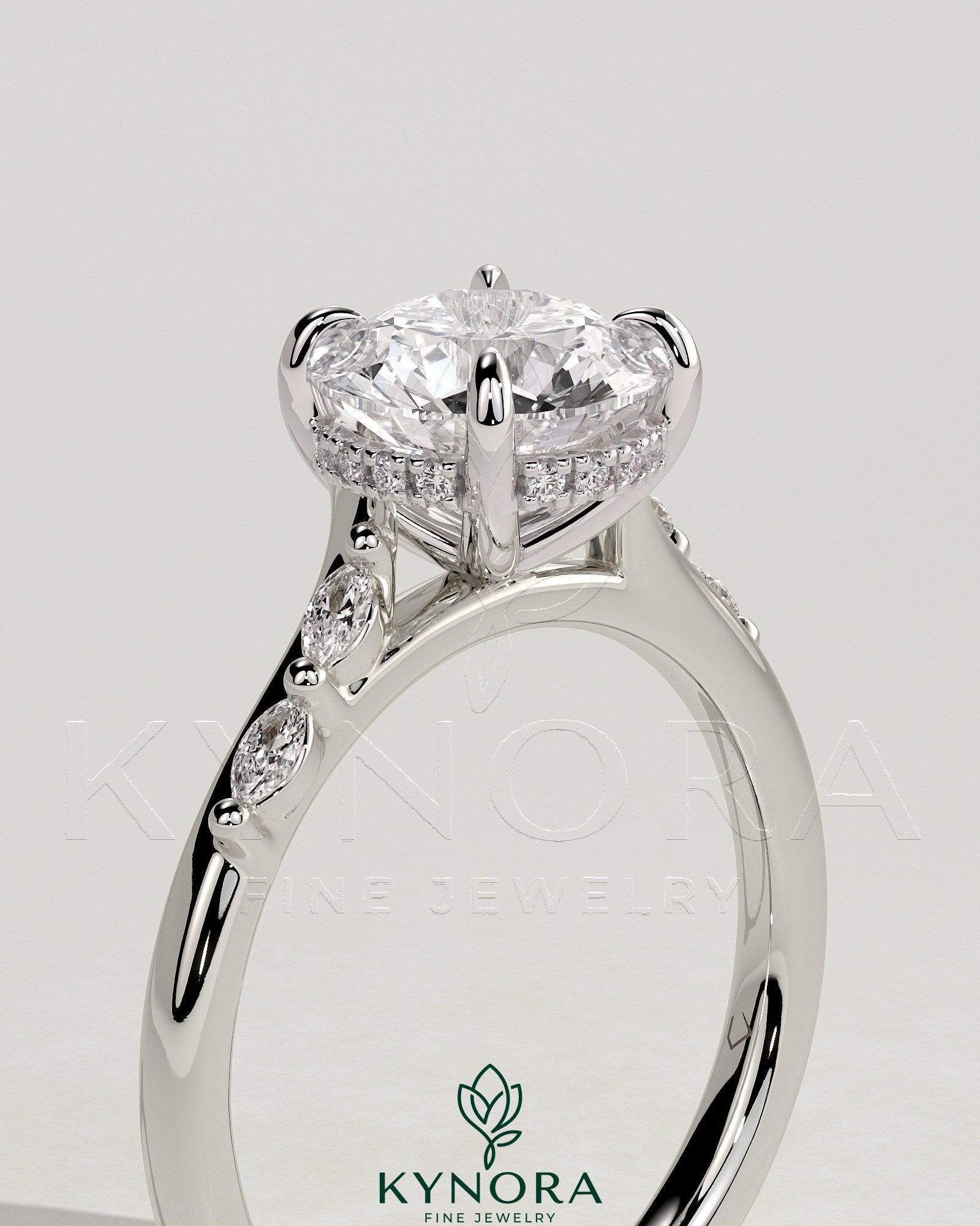 2ct Round Claw Solitaire with Hidden Halo, Opposing Marquise Accents and Cathedral High Setting Engagement Ring Secondary image