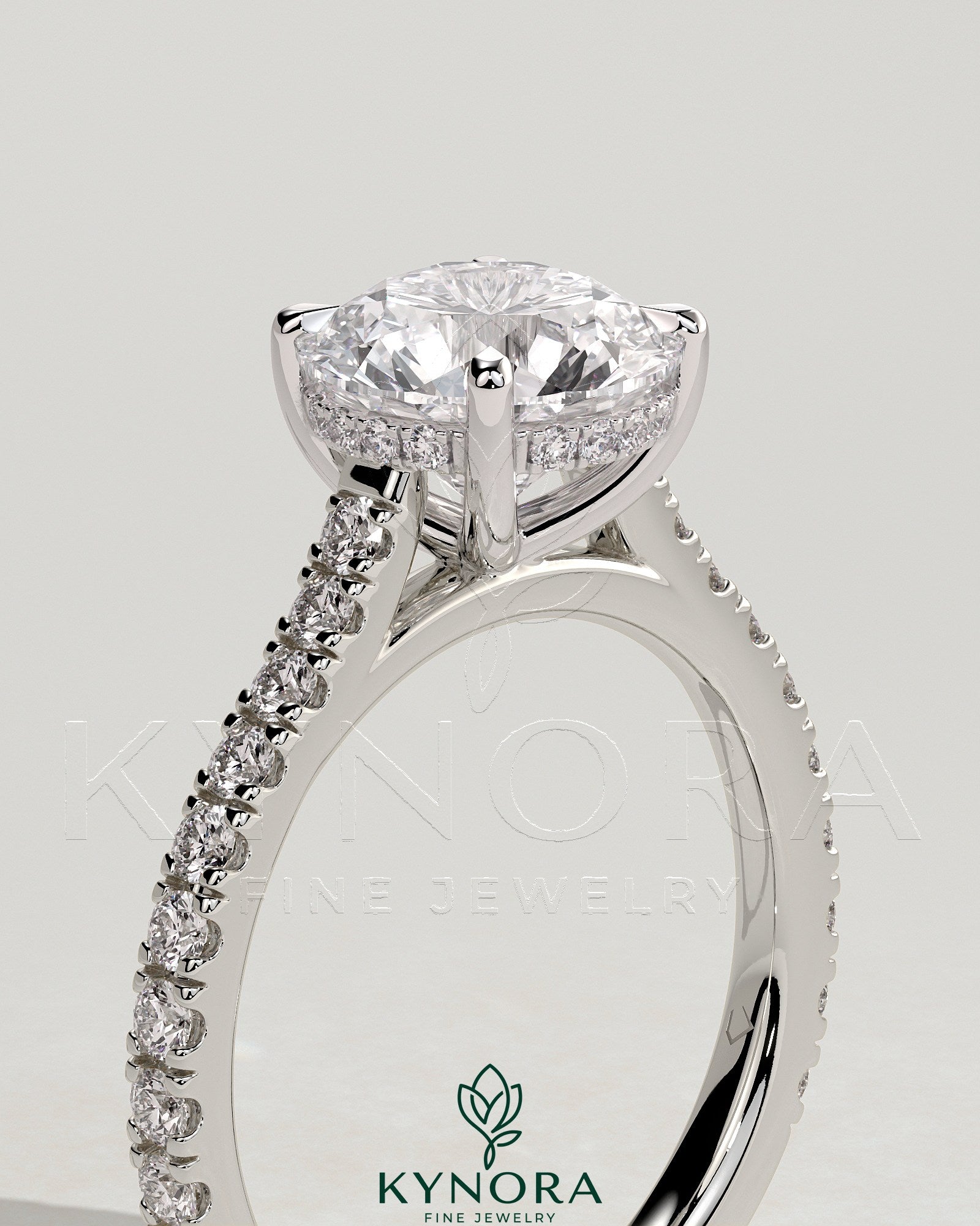 2ct Round Claw Solitaire with Hidden Halo, Pave Band and Cathedral High Setting Engagement Ring Secondary image
