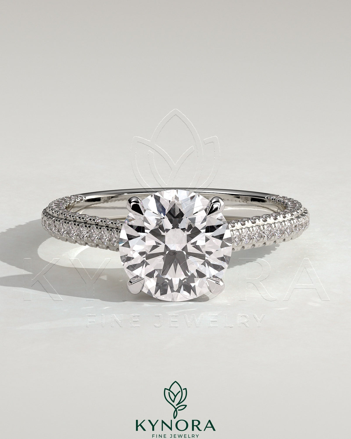 Kynora CJ 2ct round claw solitaire engagement ring with hidden halo, triple pave band, cathedral high setting, showcasing elegant design.