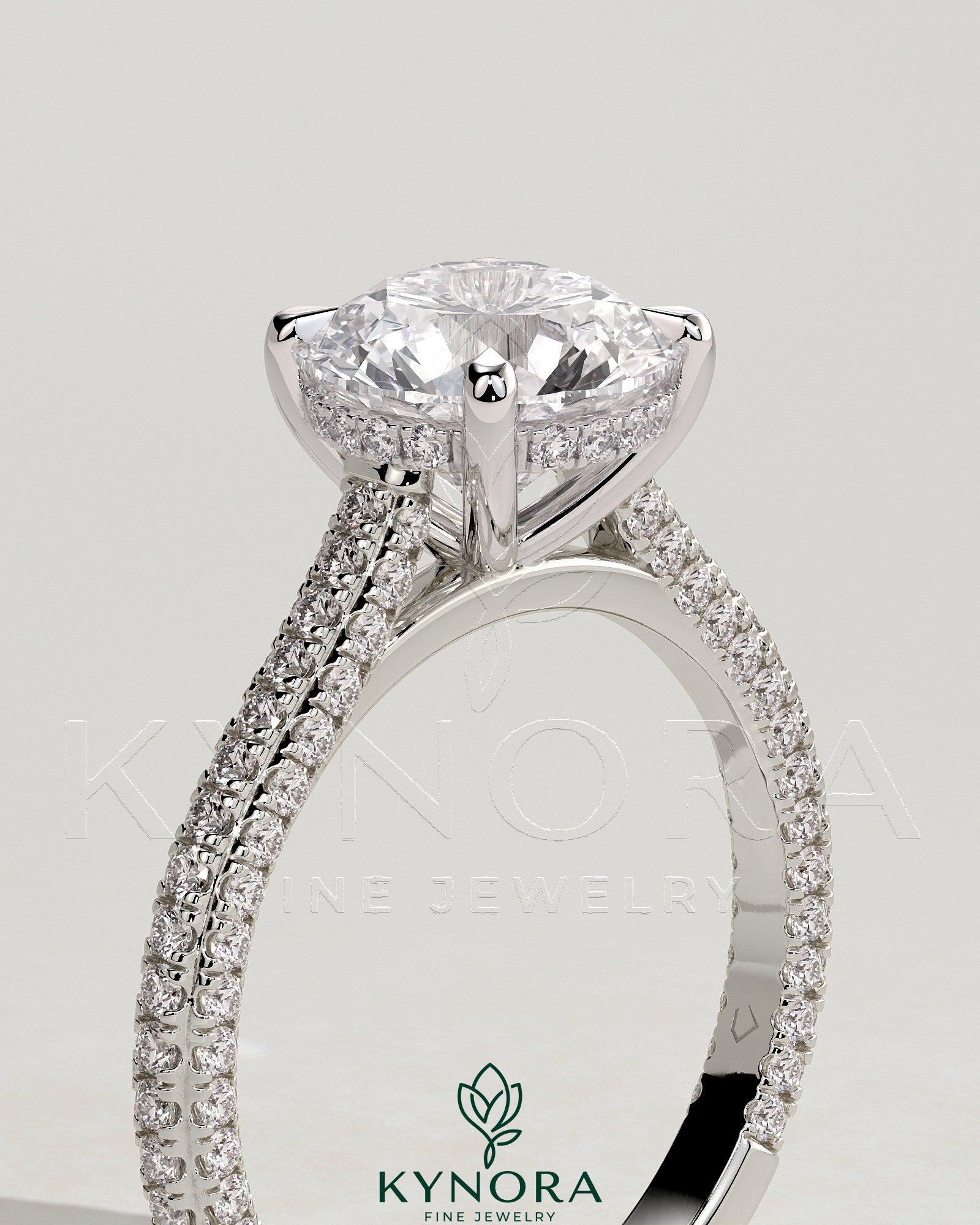2ct Round Claw Solitaire with Hidden Halo, Triple Pave Band and Cathedral High Setting Engagement Ring Secondary image