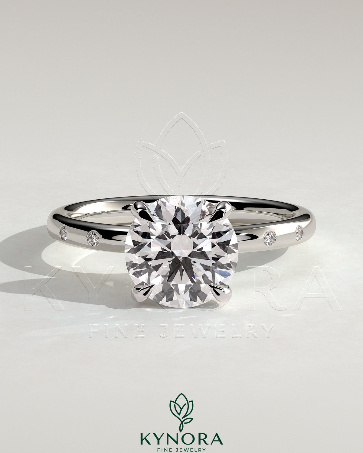 Kynora CJ 2ct round claw solitaire engagement ring with inset round accent stones, elegant and sparkling jewelry piece Main image