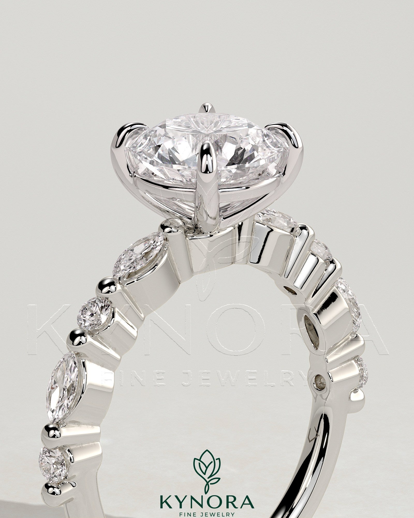 2ct Round Claw Solitaire with Marquise and Round Accent Stones Engagement Ring Imagen secundaria del producto