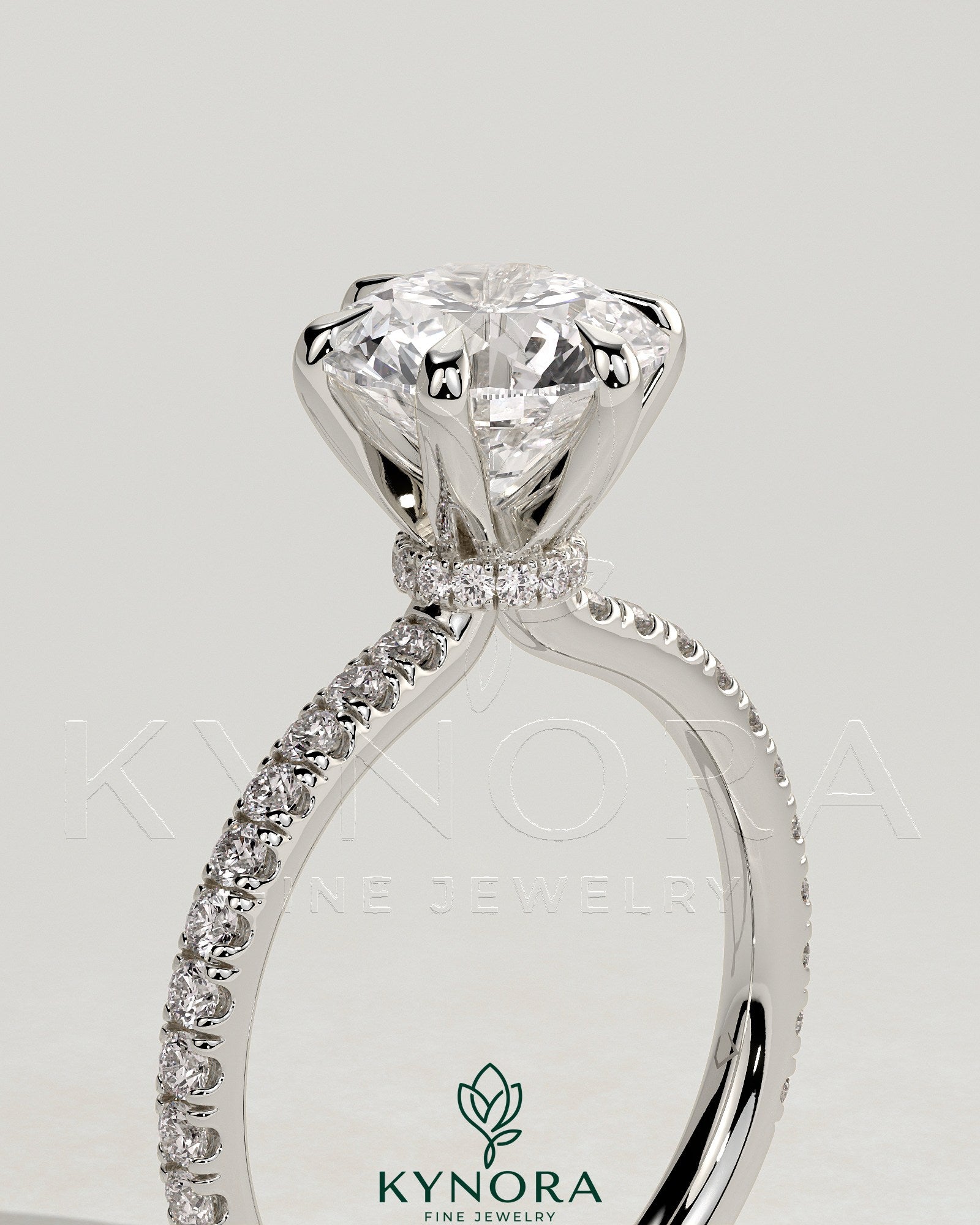 2ct Round Claw Solitaire with Pave Band and Pave Collar Engagement Ring Imagen secundaria del producto