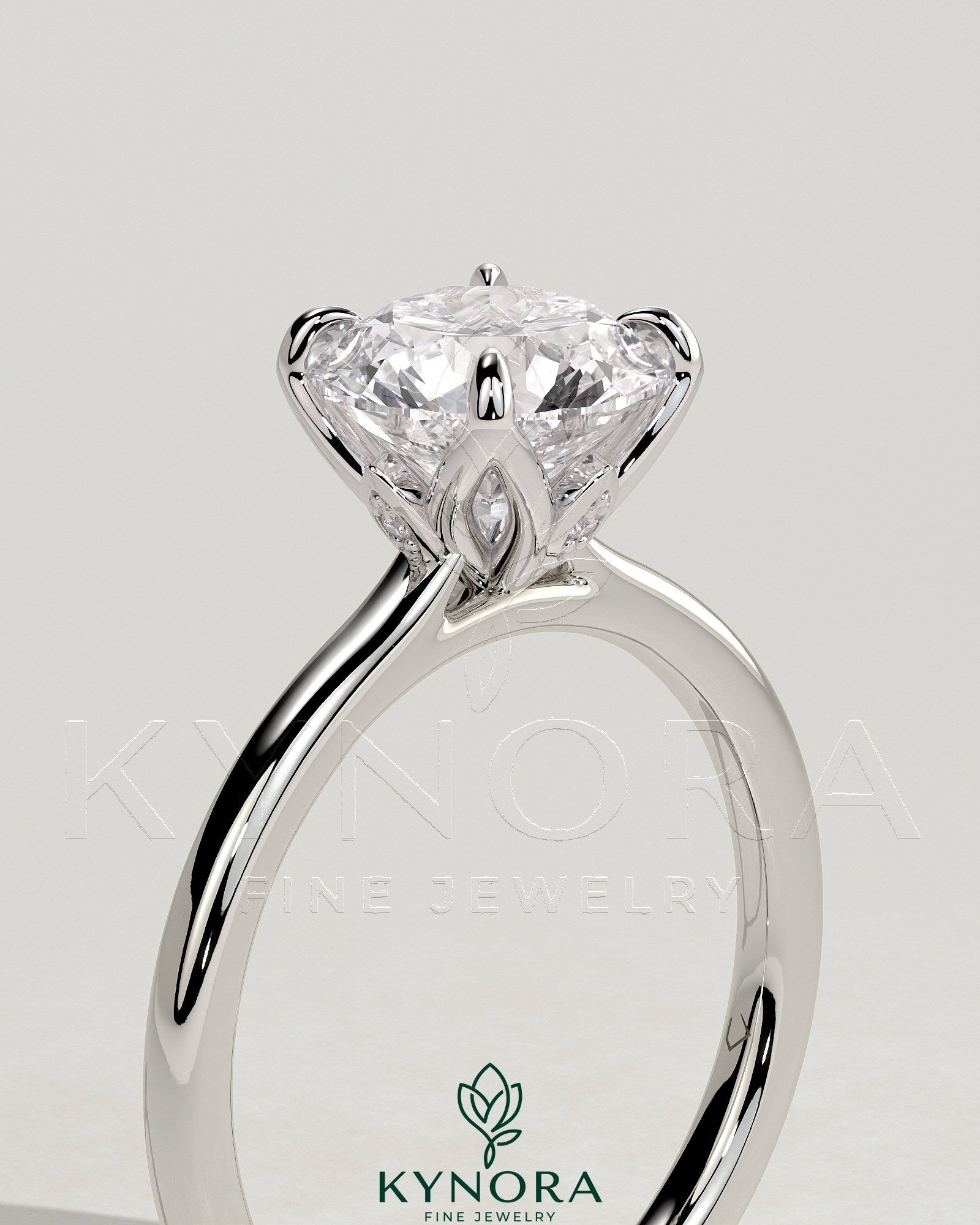 2ct Round Claw Solitaire with Petal Gallery, Accent Leaf Detail and Cathedral Setting Engagement Ring Secondary image