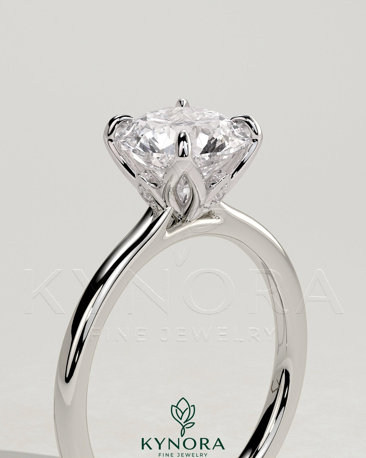 Kynora CJ 2ct round claw solitaire engagement ring with petal gallery, leaf accents, and cathedral setting in silver.