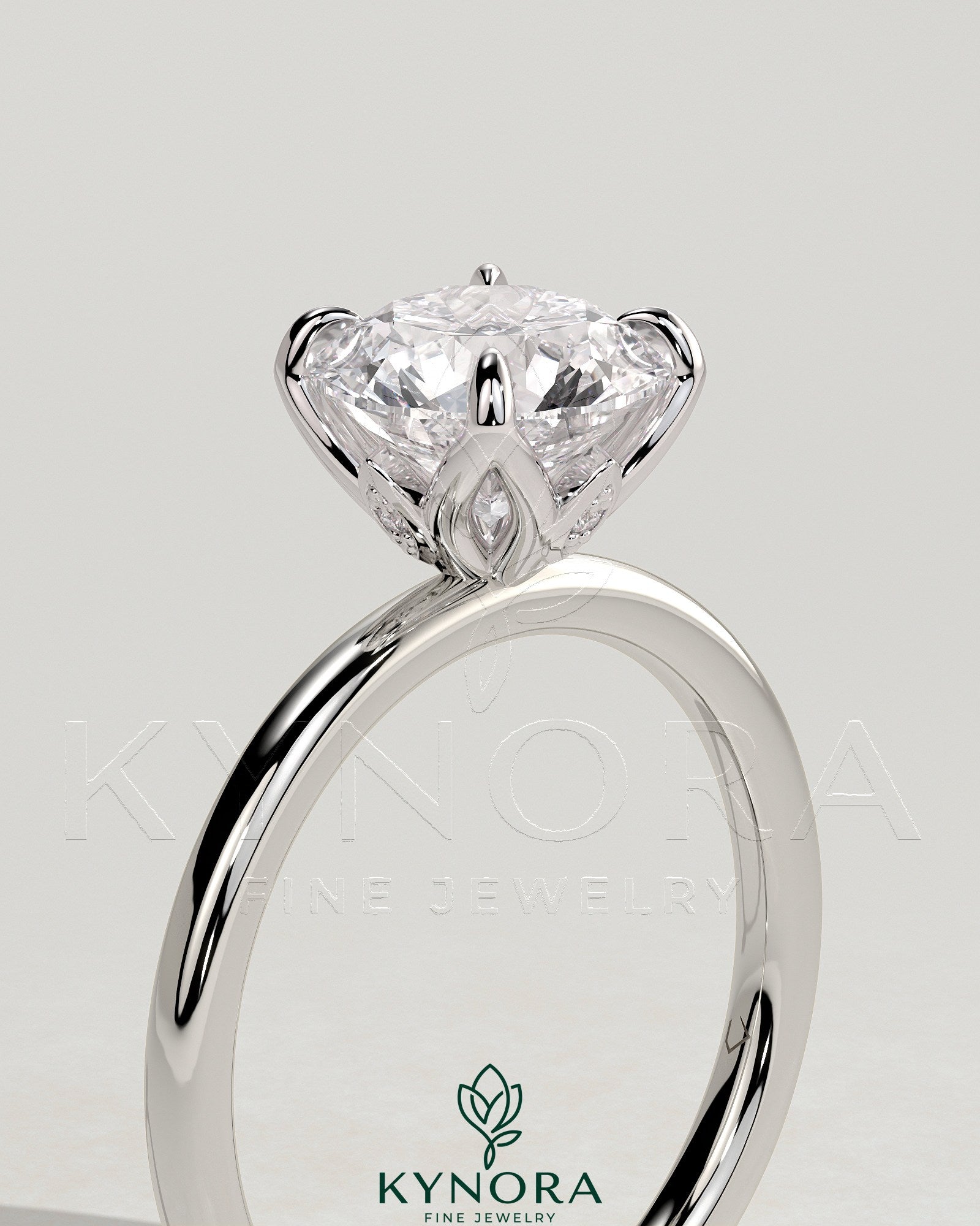 2ct Round Claw Solitaire with Petal Gallery and Accent Leaf Detail Engagement Ring Secondary image