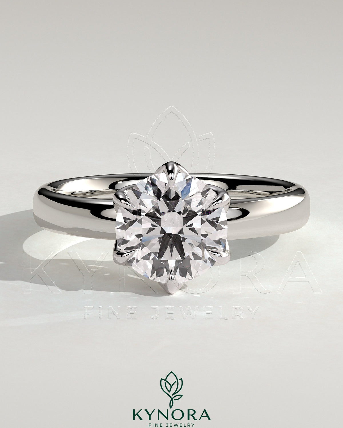 Kynora CJ 2ct round claw solitaire engagement ring with petal gallery and cigar band design in sterling silver. Imagen principal del producto
