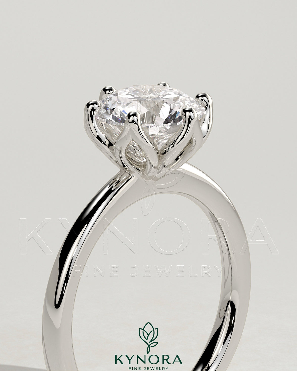 Kynora CJ 2ct round claw solitaire engagement ring with petal gallery design and tapered band in silver metal.