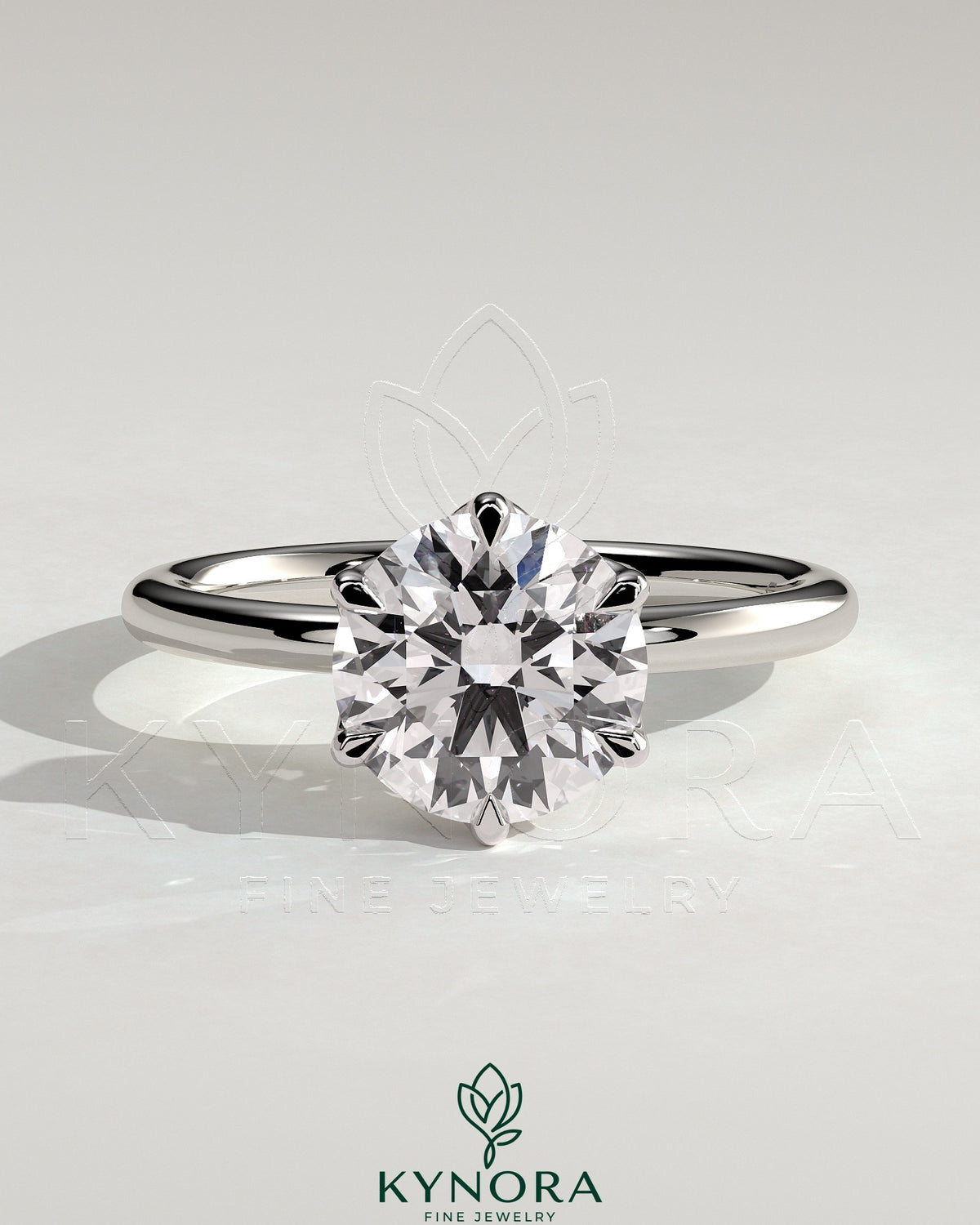 Kynora CJ 2ct round claw solitaire engagement ring with petal gallery design, featuring a sparkling central diamond and intricate band. Main image