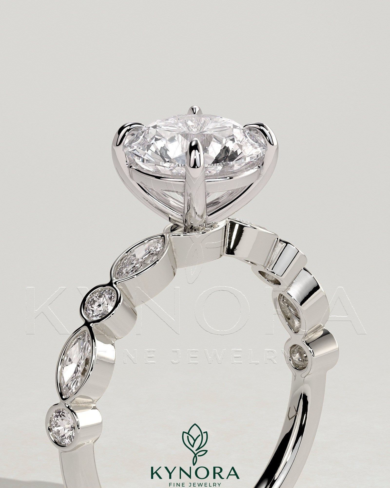2ct Round Claw Solitaire with Round-Marquise Bezel Accent Stones Engagement Ring Secondary image