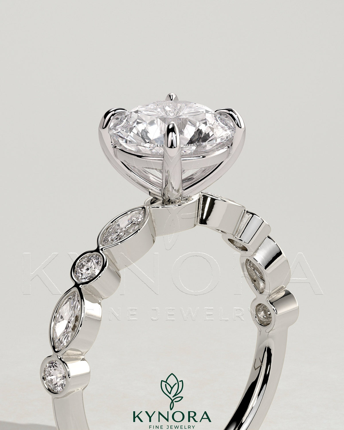 Kynora CJ 2ct round claw solitaire engagement ring with round-marquise bezel accent stones, sterling silver jewelry.