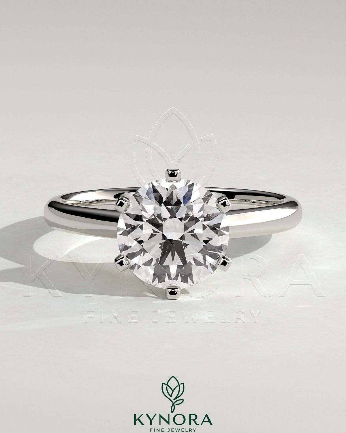 Kynora CJ 2ct round claw solitaire engagement ring with square tips and high cathedral setting, showcasing elegant jewelry craftsmanship.