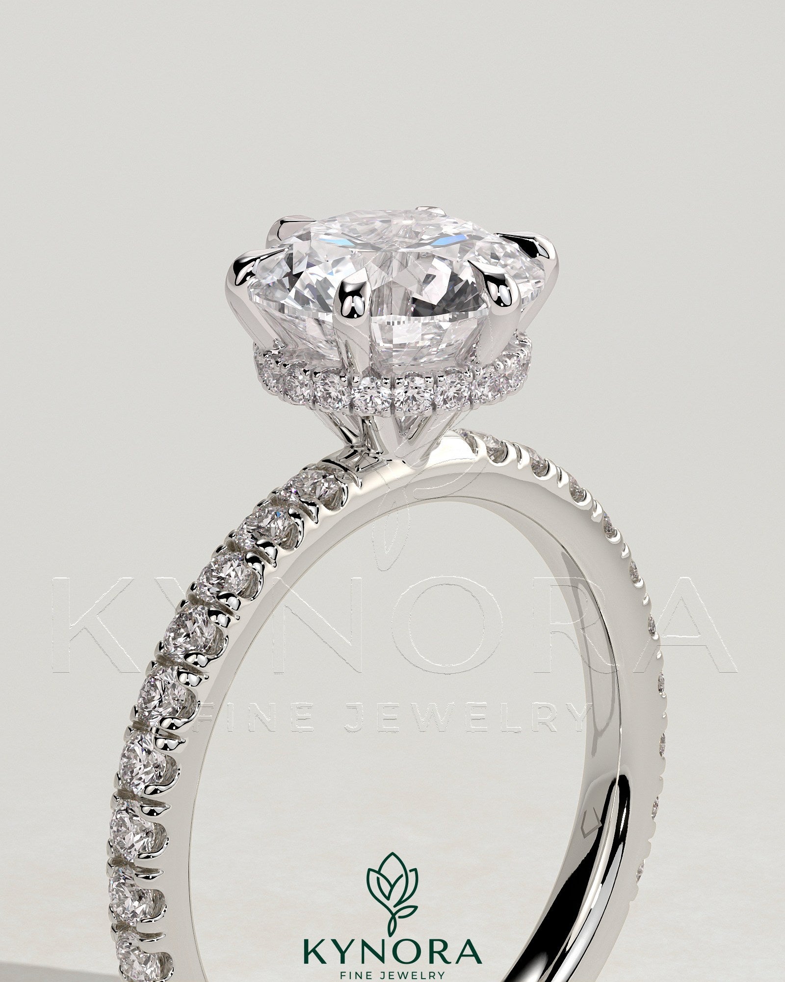 2ct Round Claw Solitaire with Wrap Around Hidden Halo and Pave Band Engagement Ring Secondary image