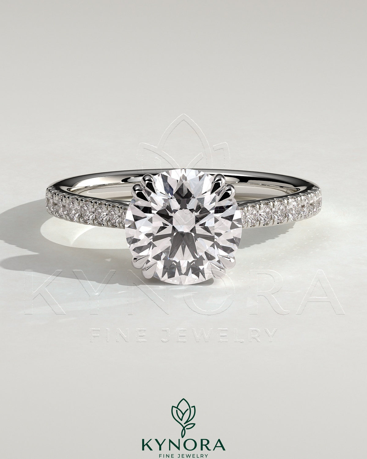 2ct Round Double Claw Solitaire with Hidden Halo, Tapered Pave Band and Cathedral High Setting Engagement Ring