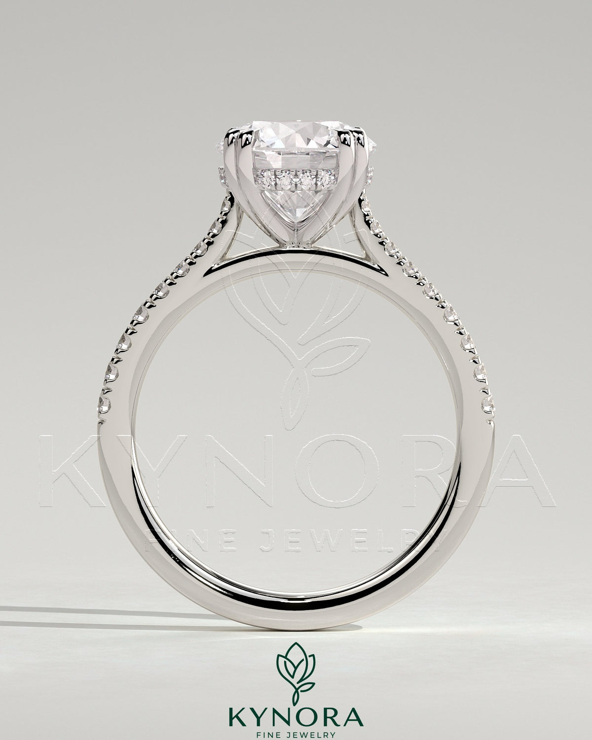 2ct Round Double Claw Solitaire with Hidden Halo, Tapered Pave Band and Cathedral High Setting Engagement Ring
