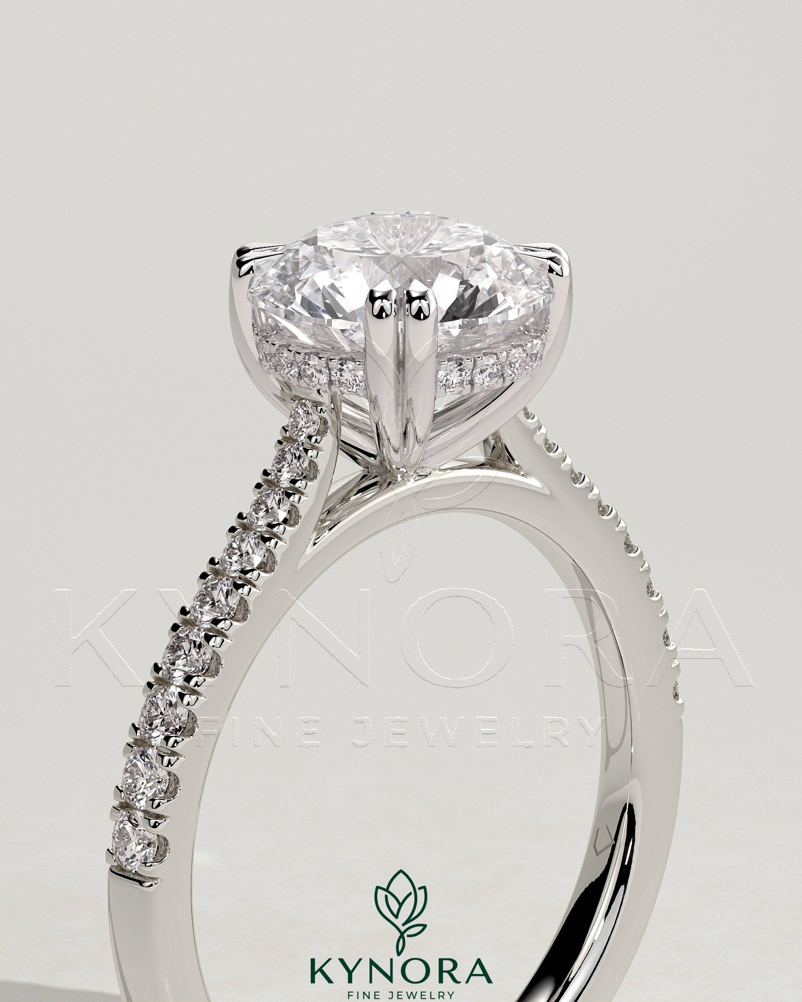 2ct Round Double Claw Solitaire with Hidden Halo, Tapered Pave Band and Cathedral High Setting Engagement Ring Secondary image