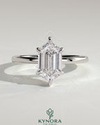 Kynora CJ Classic 2ct elongated hexagon claw solitaire engagement ring with a sleek band and detailed setting.