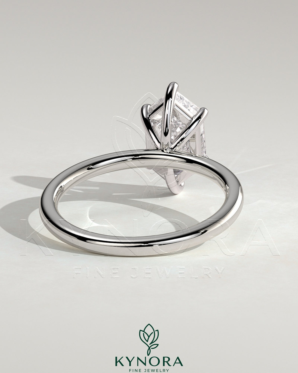 Kynora CJ classic 2ct elongated hexagon claw solitaire engagement ring showcasing a prominent diamond setting.