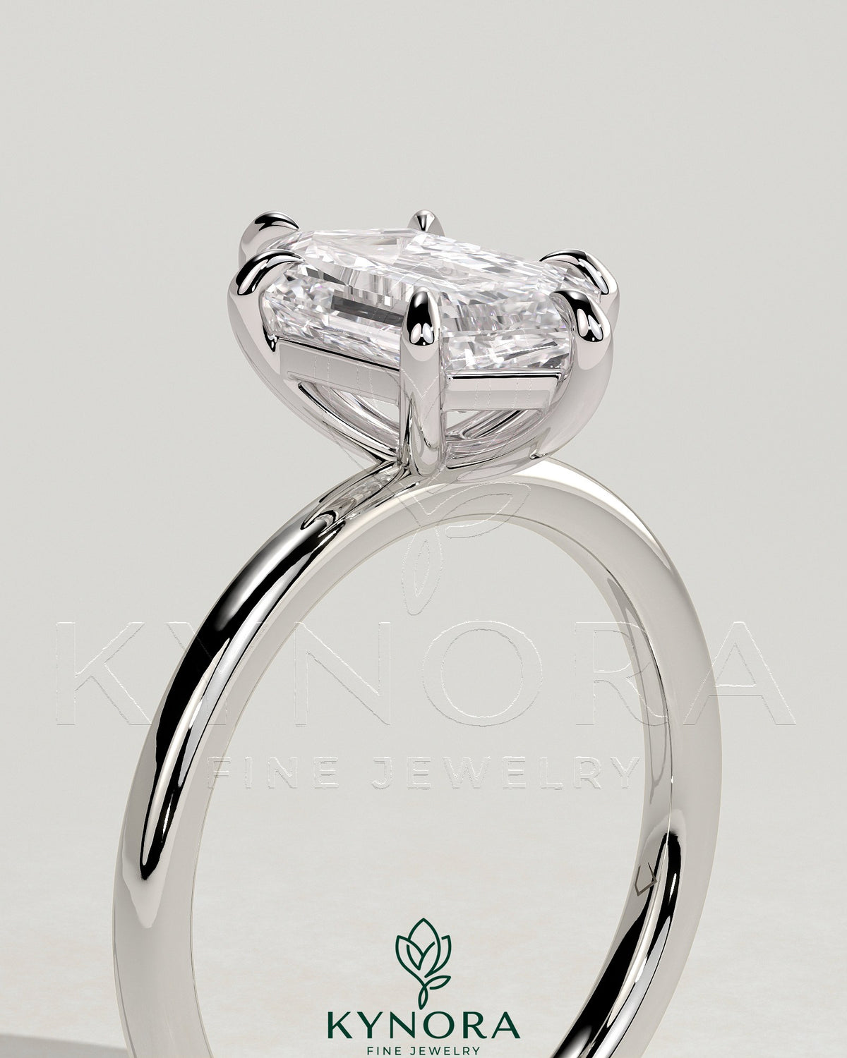 Kynora CJ Classic 2ct elongated hexagon claw solitaire engagement ring featuring a large central diamond on a sleek band.