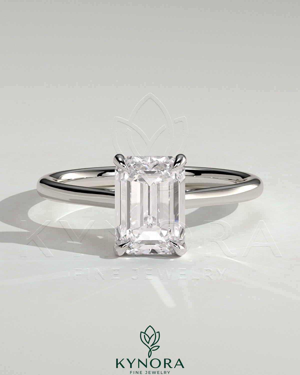 Kynora CJ Radiant Claw Solitaire engagement ring with hidden halo, tapered band, and cathedral high setting in silver. Main image