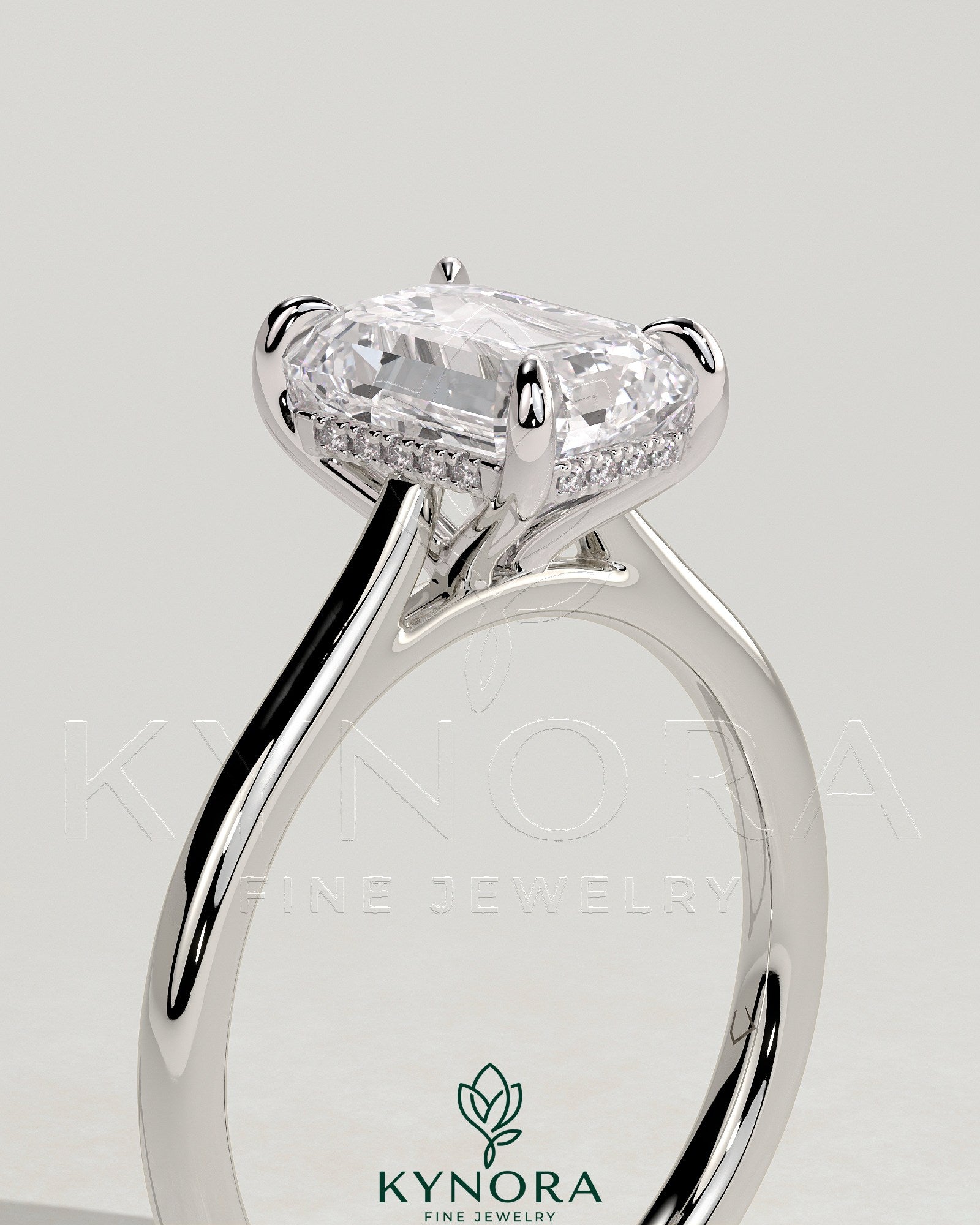 Radiant Claw Solitaire with Hidden Halo, Tapered Band and Cathedral High Setting Engagement Ring Secondary image