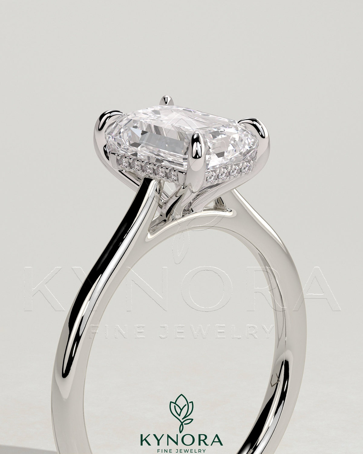 Kynora CJ Radiant Claw Solitaire engagement ring with hidden halo, tapered band, and cathedral high setting in sterling silver