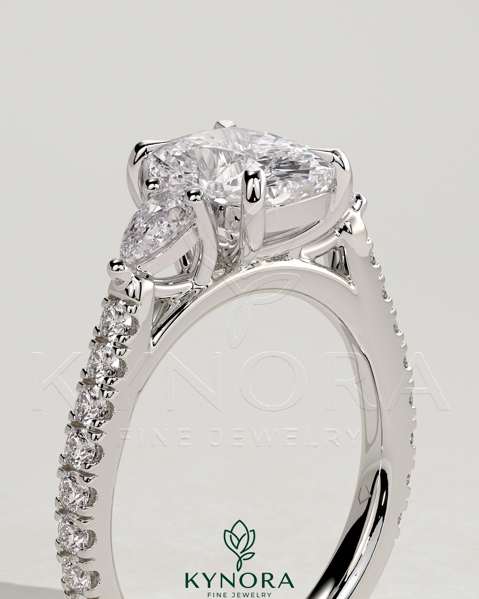 2ct Elongated Cushion Claw Trilogy with Pear Side Stones and Pave Band Engagement Ring Secondary image