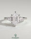 Kynora CJ three-stone engagement ring with 2-carat elongated hexagon center, pear side stones, and cathedral setting.