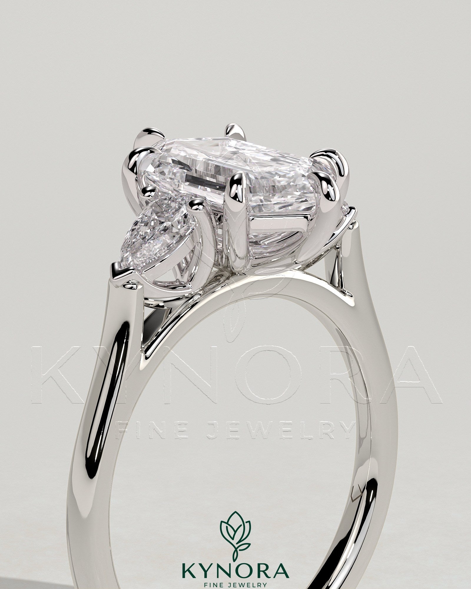 2ct Elongated Hexagon Claw Trilogy with Pear Side Stones and Cathedral Setting Engagement Ring Secondary image