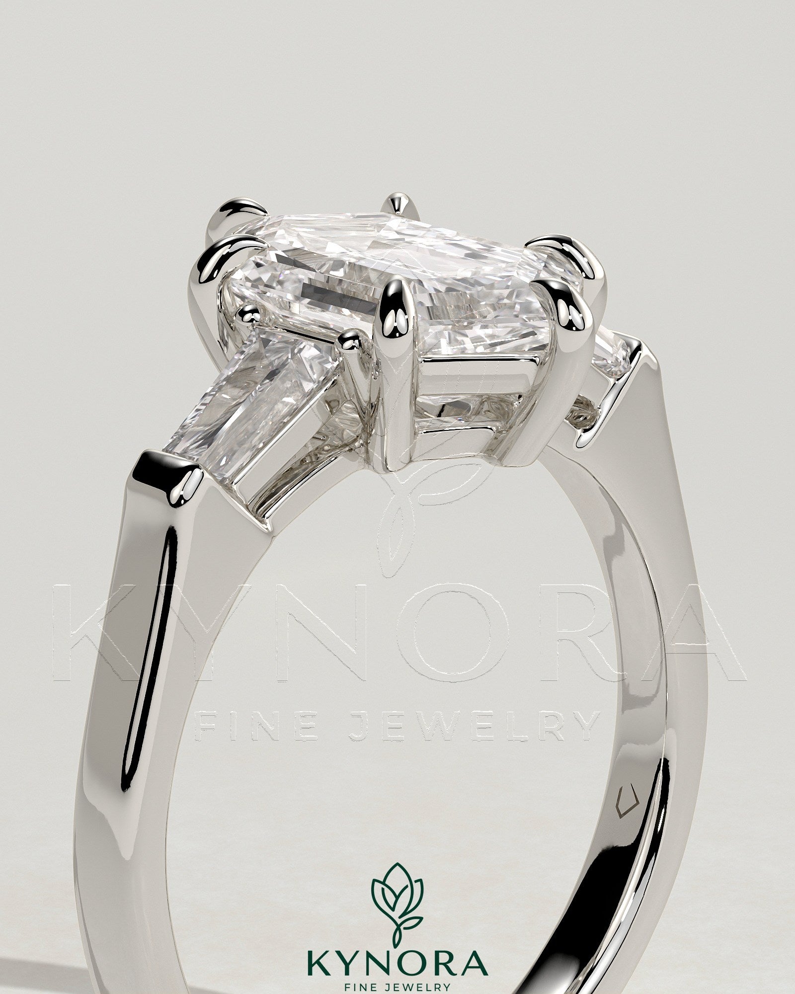 2ct Elongated Hexagon Claw Trilogy with Tapered Baguette Side Stones and Cathedral Setting Engagement Ring Imagen secundaria del producto
