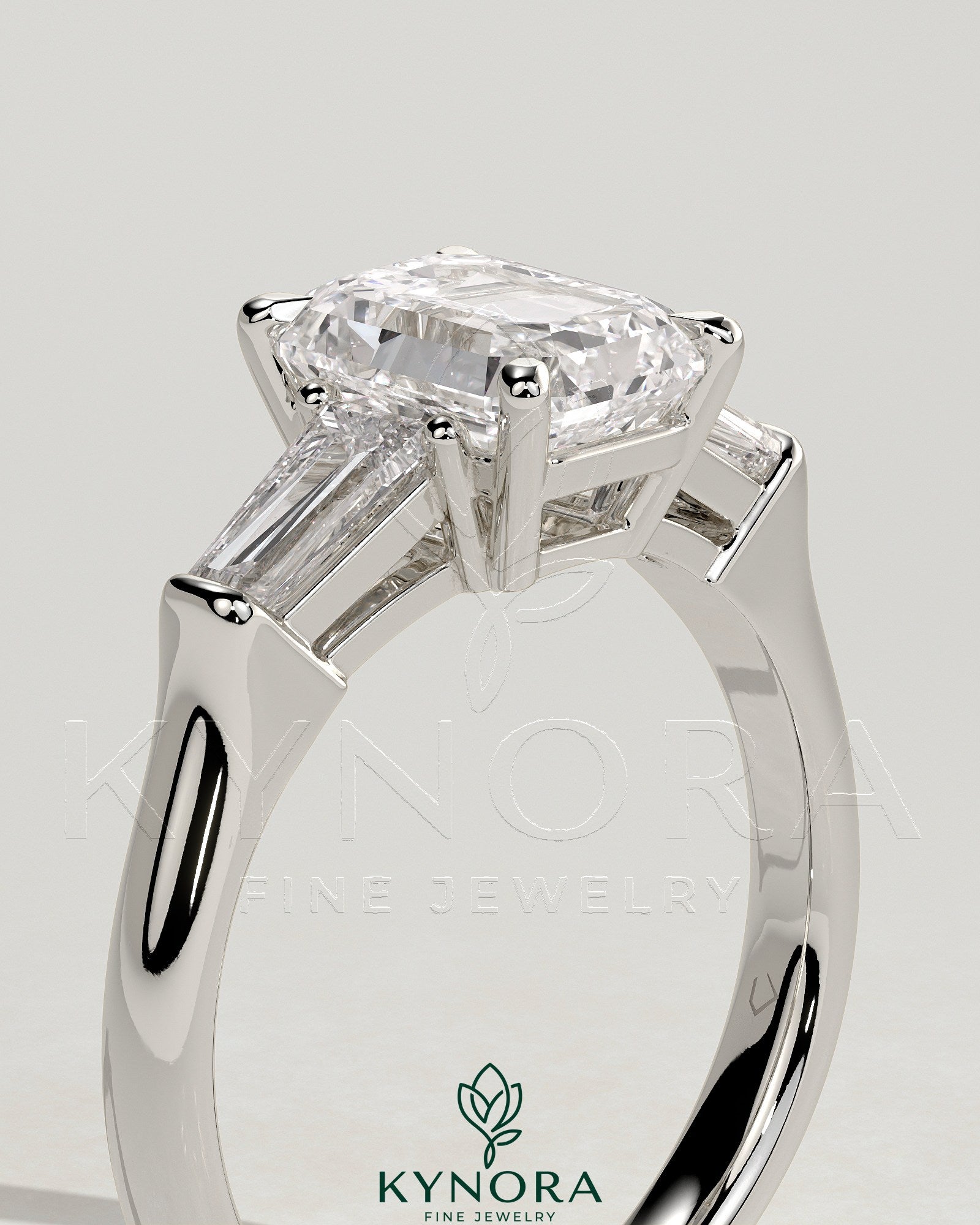 2ct Emerald Claw Trilogy with Tapered Baguette Side Stones and Cathedral Setting Engagement Ring Secondary image