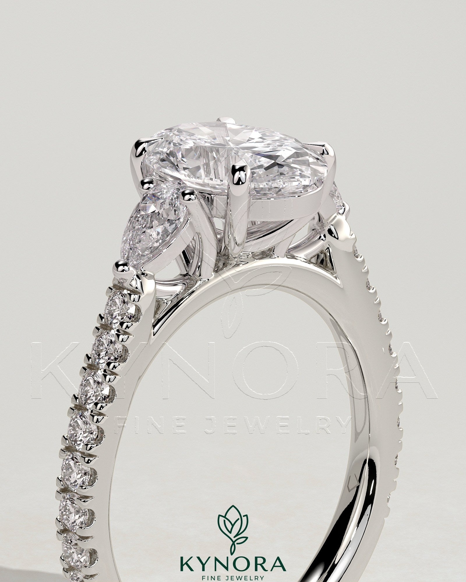 2ct Oval Claw Trilogy with Pear Side Stones and Pave Band Engagement Ring Imagen secundaria del producto