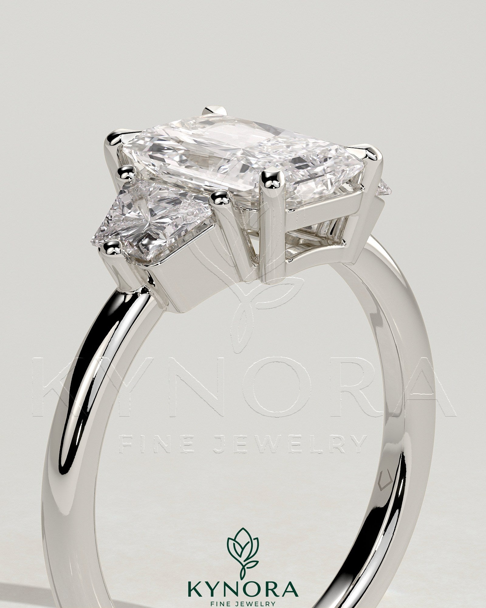 2ct Radiant Claw Trilogy with Trapezoid Side Stones and Low Setting Engagement Ring Imagen secundaria del producto
