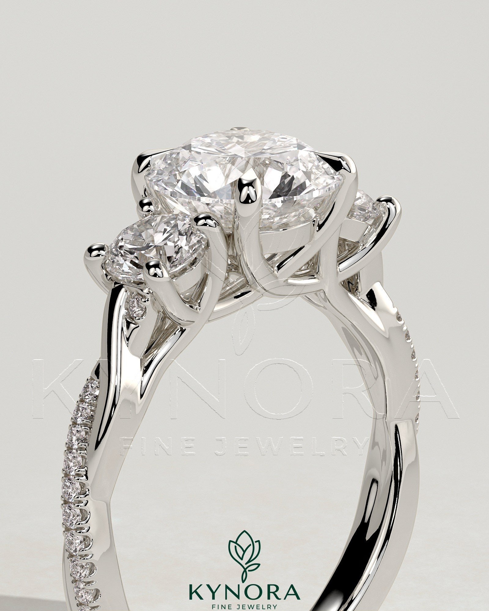 2ct Round Claw Trilogy with Round Side Stones, Twisted Pave Band and Trellis Gallery Engagement Ring Secondary image