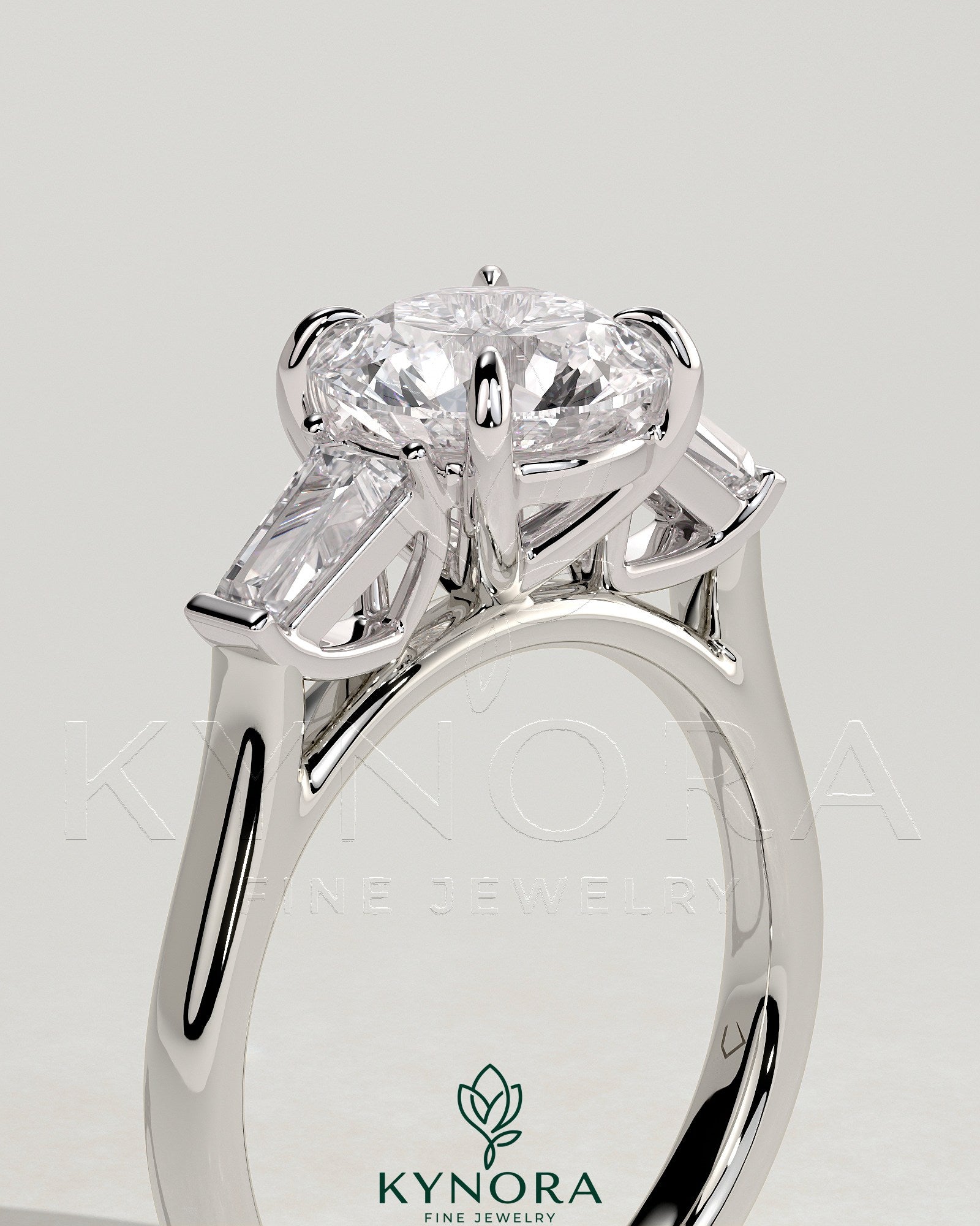 2ct Round Claw Trilogy with Tapered Baguette Side Stones and Cathedral Setting Engagement Ring Secondary image