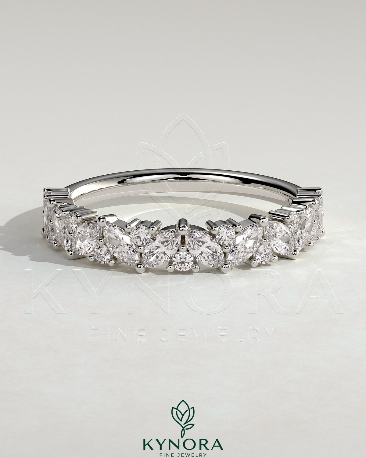 Kynora CJ wedding band with angled marquise and round accent stones, elegant and sparkling gold ring for special occasions Main image