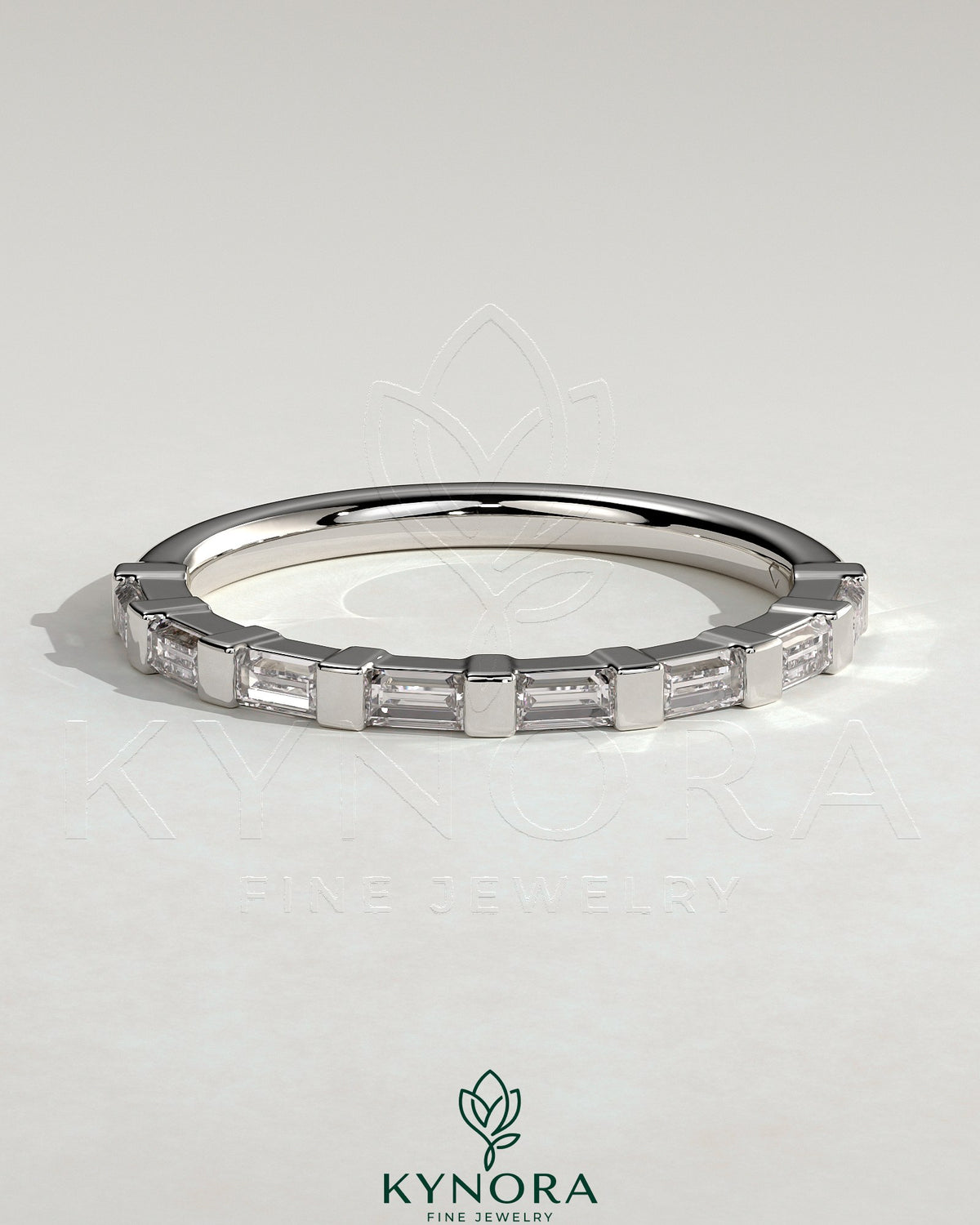 Kynora CJ wedding band featuring baguette spaced accent stones in a sleek, elegant design for special occasions. Main image