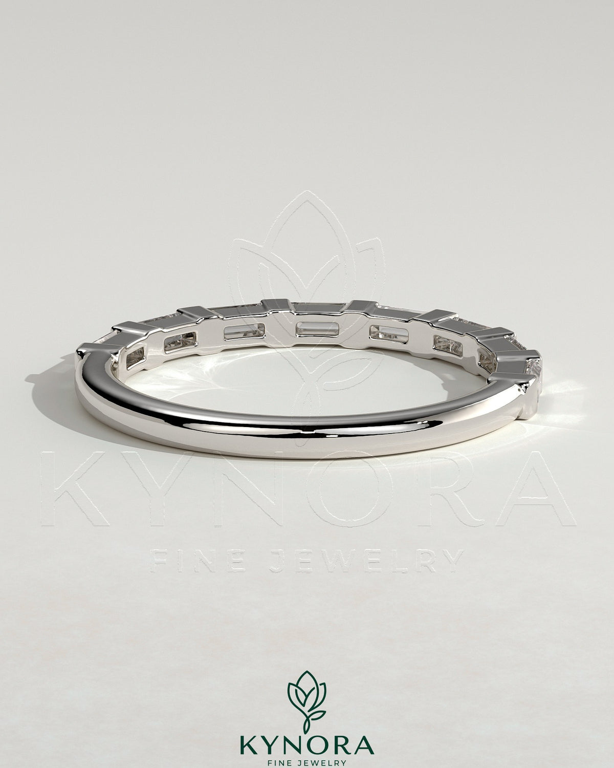 Kynora CJ Baguette Spaced Accent Stone Wedding Ring featuring a sleek band with baguette and accent stones design.