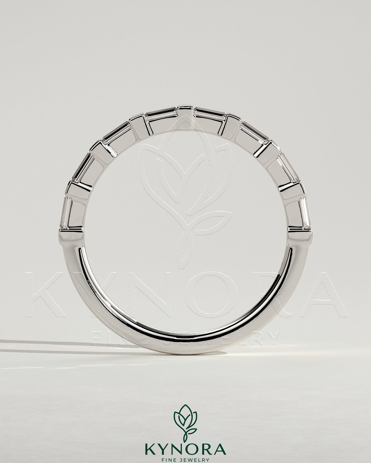 Kynora CJ Baguette Spaced Accent Stone Wedding Band with sleek design and sparkling stones for elegant bridal jewelry.