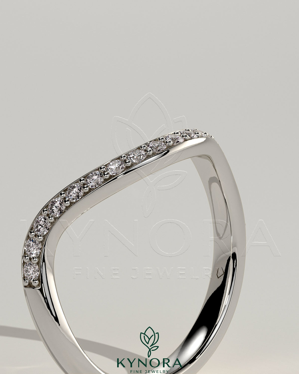 Kynora CJ pave bead wedding band with wave design, featuring sparkling pave beads on a sleek gold band.