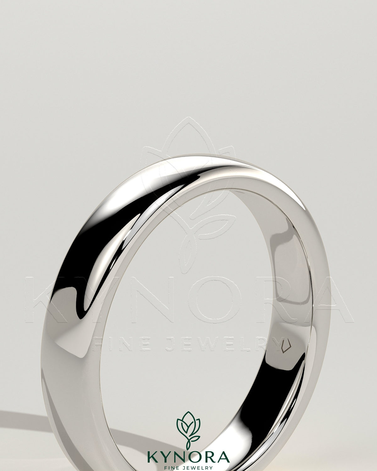 Kynora CJ wedding band with engraved cigar band design in polished metal, showcasing detailed craftsmanship.